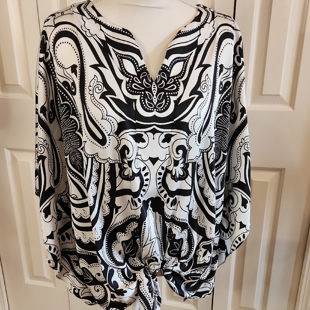 Chico's Black and White Embellished Long Sleeve Blouse